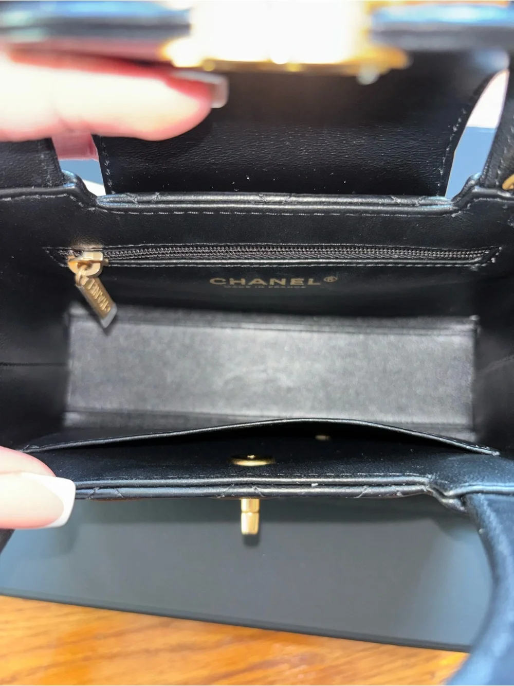 CHANEL Black Quilted Mini Top-Handle Bag with Gold CC